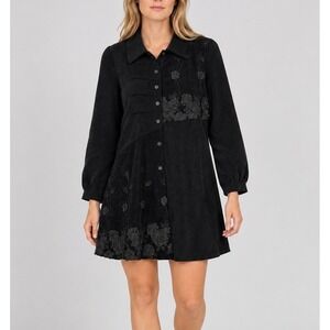 Trisha Tyler Corduroy Floral Applique Tunic Shirt Jacket Women Large Black Dress